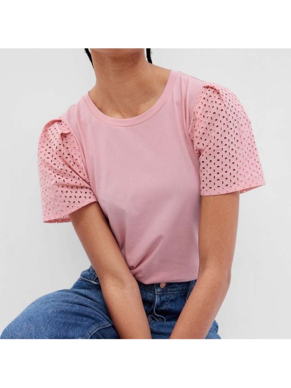 GAP Pink Eyelet Puff Sleeve Tee NWT 100% Cotton Short Sleeve Top Size Small